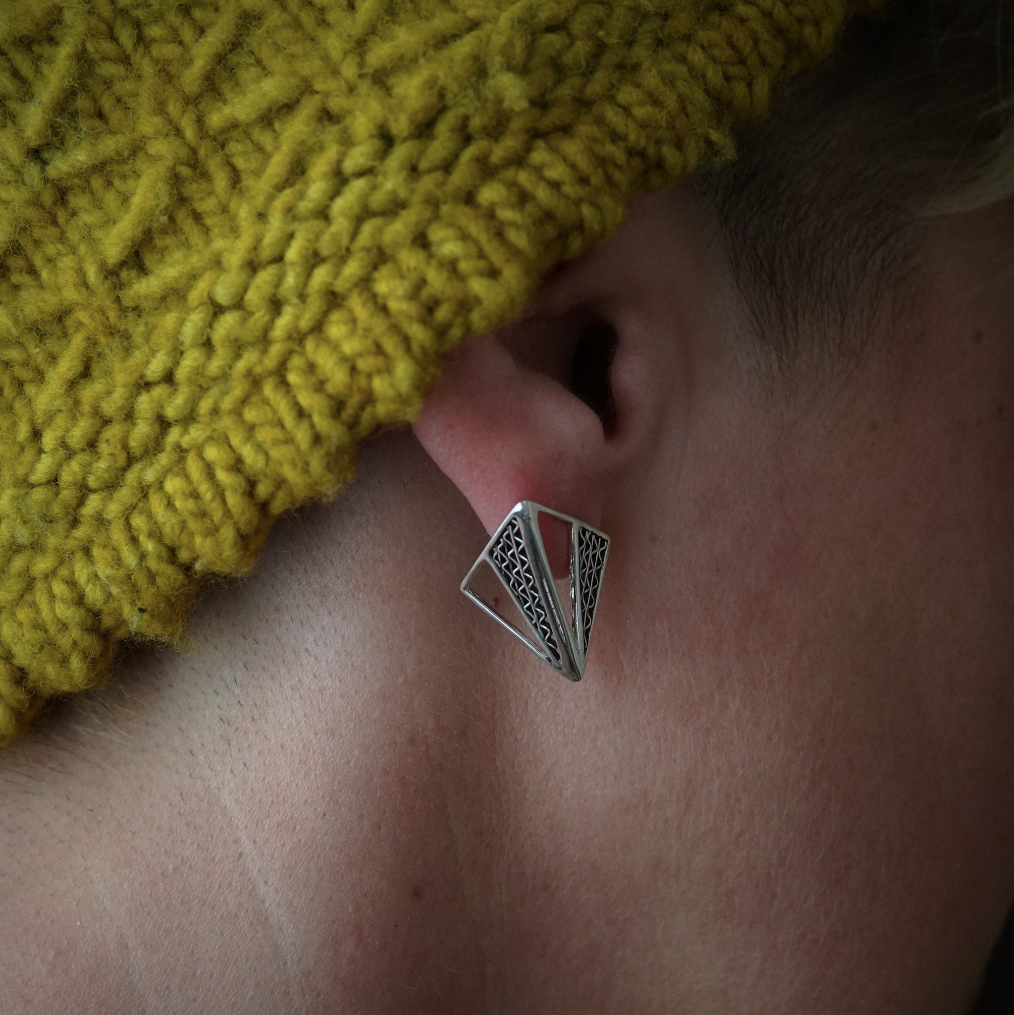 Origami Silver Triangle Earrings w/ Zigzag Filigree, Sz Small