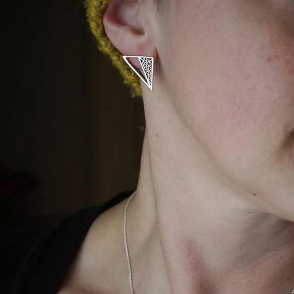 Origami Silver Triangle Earrings w/ Zigzag Filigree, Sz Small