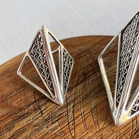 Origami Silver Triangle Earrings w/ Zigzag Filigree, Sz Medium