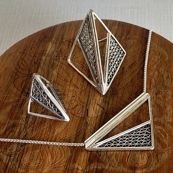 Origami 3D Silver Triangle Statement Earrings w/ Zigzag Filigree, Sz Large