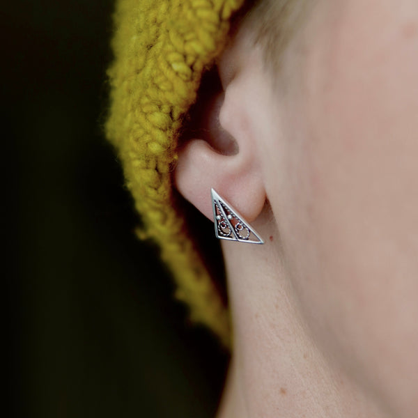 Triangle Trusses Stud Earrings w/ Swirling Filigree
