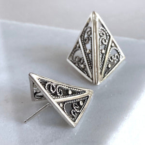 Origami Small Triangle Earrings w/ Swirling Silver Filigree- Made to Order