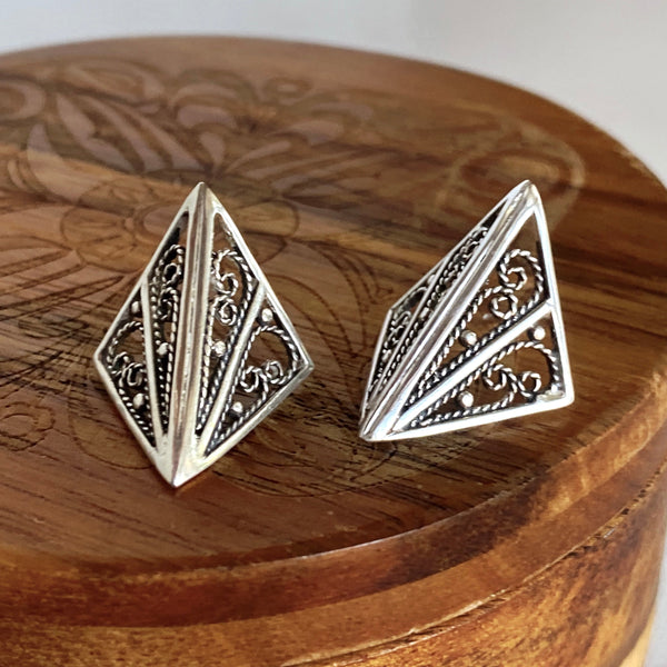 Origami Small Triangle Earrings w/ Swirling Silver Filigree- Made to Order