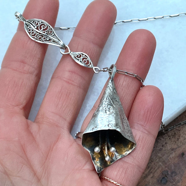 Reticulated Silver Bell Flower w/ 24K Gold Keum Bo Accents & Filigree Leaf Clasp