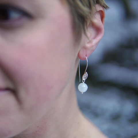 Silver Filigree Leaf Earrings w/ Round Faceted Aquamarines