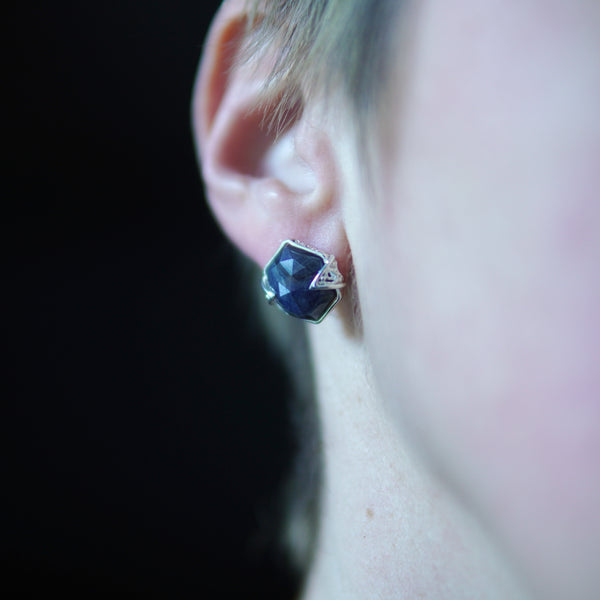 Faceted Sapphire Studs w/ Filigree Leafs