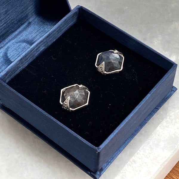 Faceted Sapphire Studs w/ Filigree Leafs